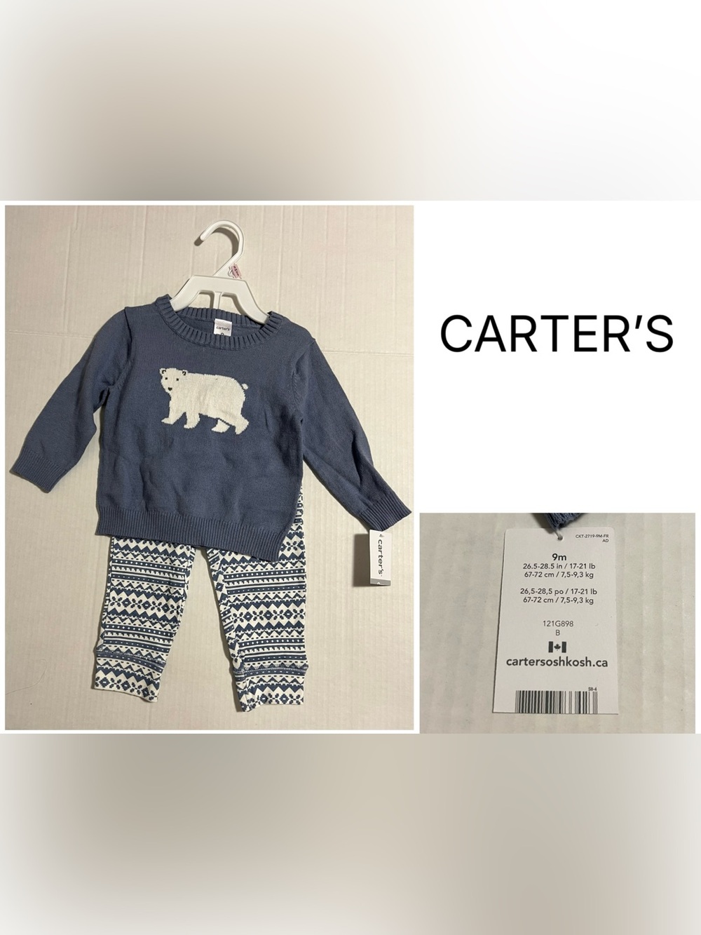 CARTER’S - 9M - NWT - INFANT BOYS 2PC BLUE KNIT BEAR / FAIRISLE SET